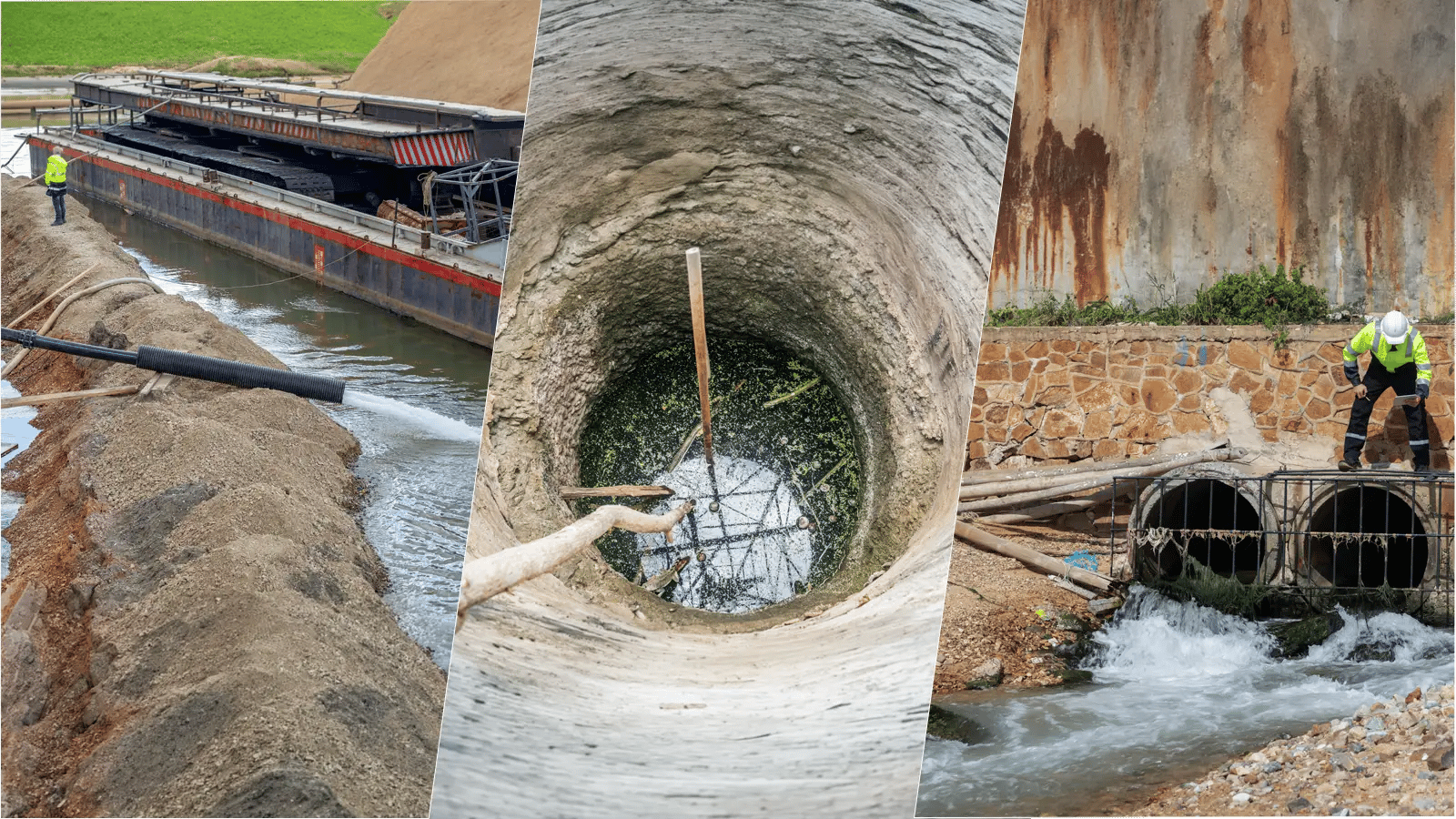 A three-panel image illustrating water management methods: water discharging from a black pipe next to a barge, a top-down view into a deep concrete drainage well, and a construction worker in high-visibility gear inspecting water flowing out of two large drainage pipes.