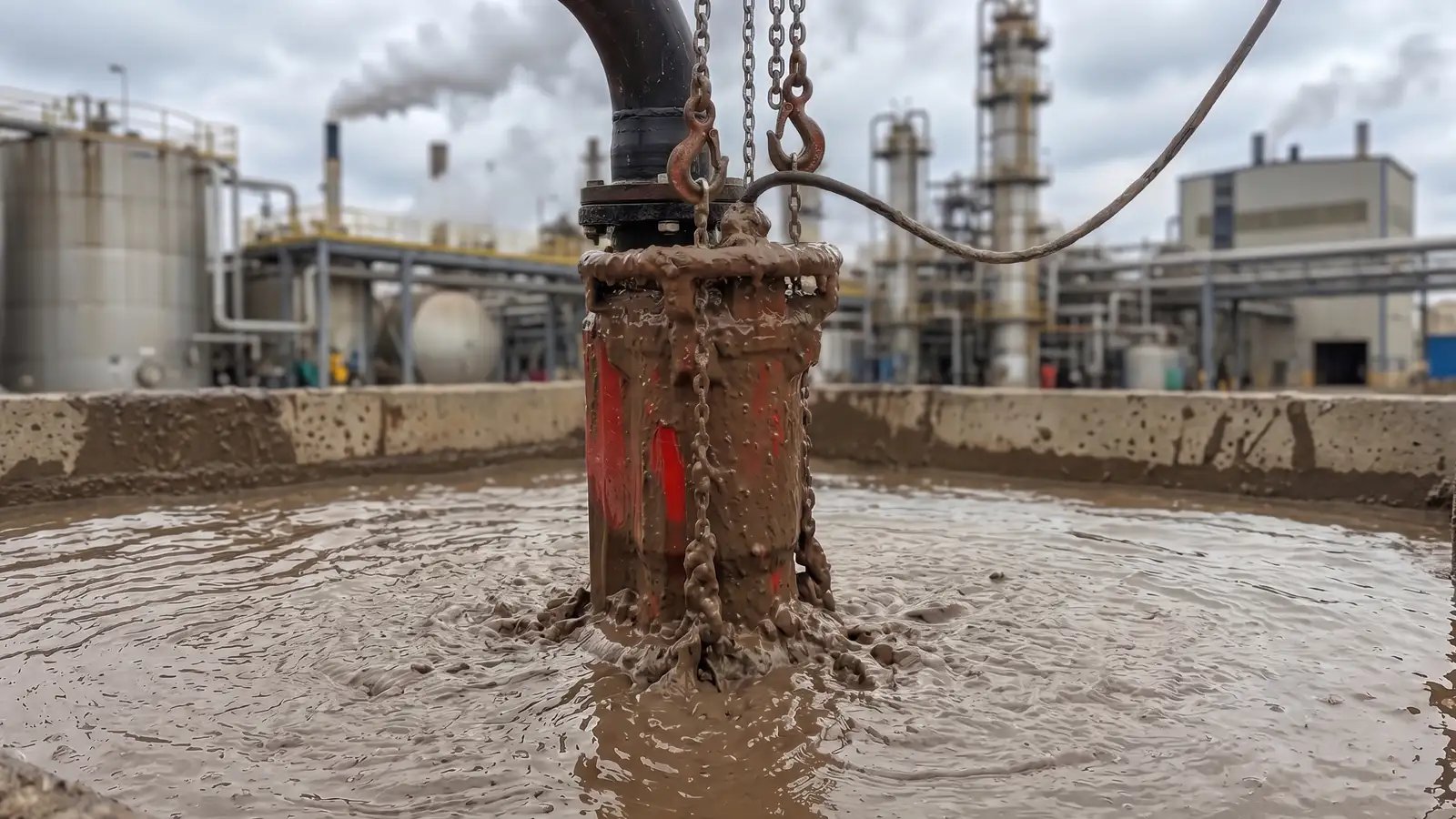 Red submersible slurry pump suspended by chains from a hoist, discharging thick brown slurry into a mixing pit at a chemical plant with storage tanks and stacks behind.