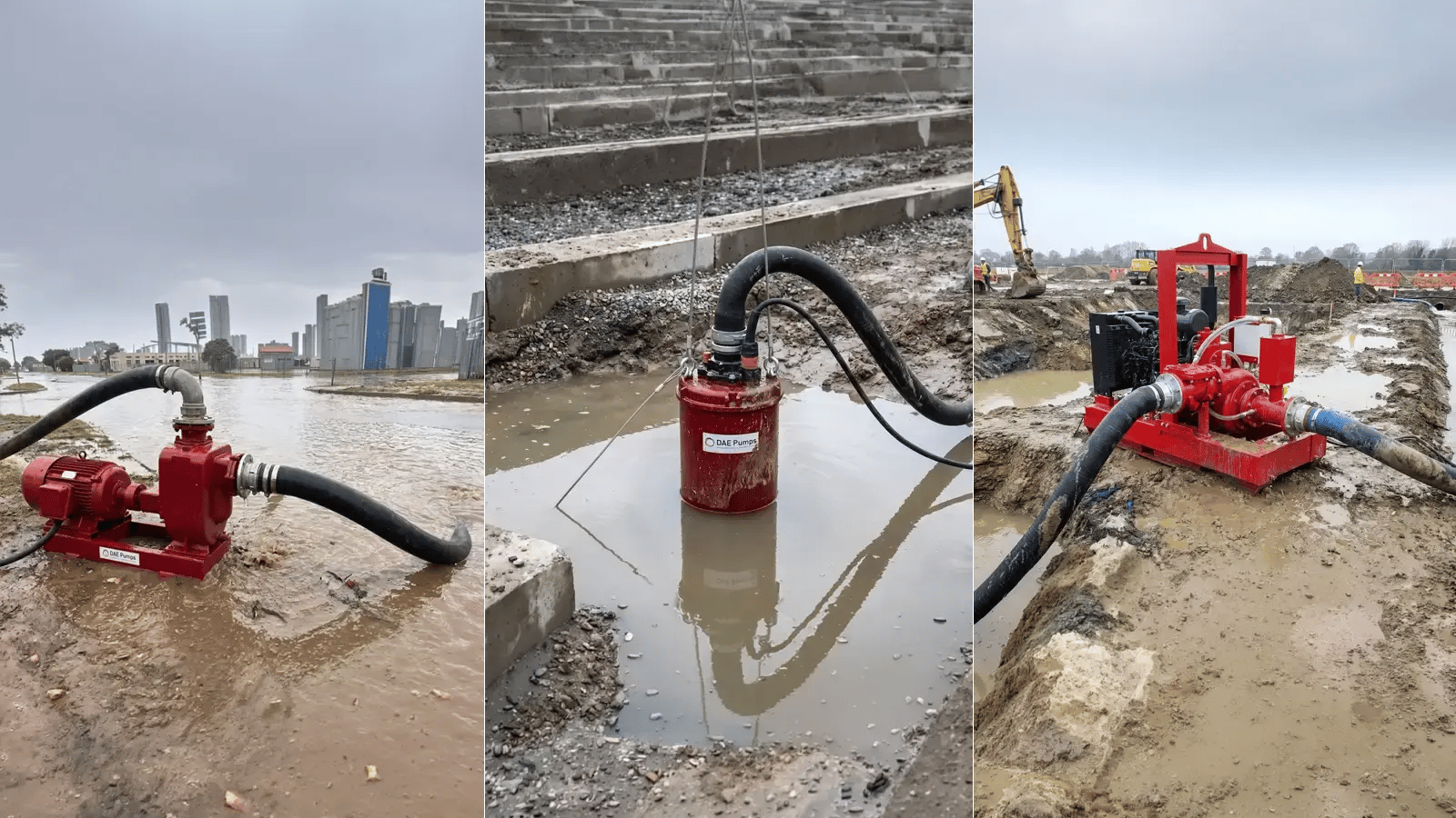 A three-panel image illustrating water management methods: water discharging from a black pipe next to a barge, a top-down view into a deep concrete drainage well, and a construction worker in high-visibility gear inspecting water flowing out of two large drainage pipes.