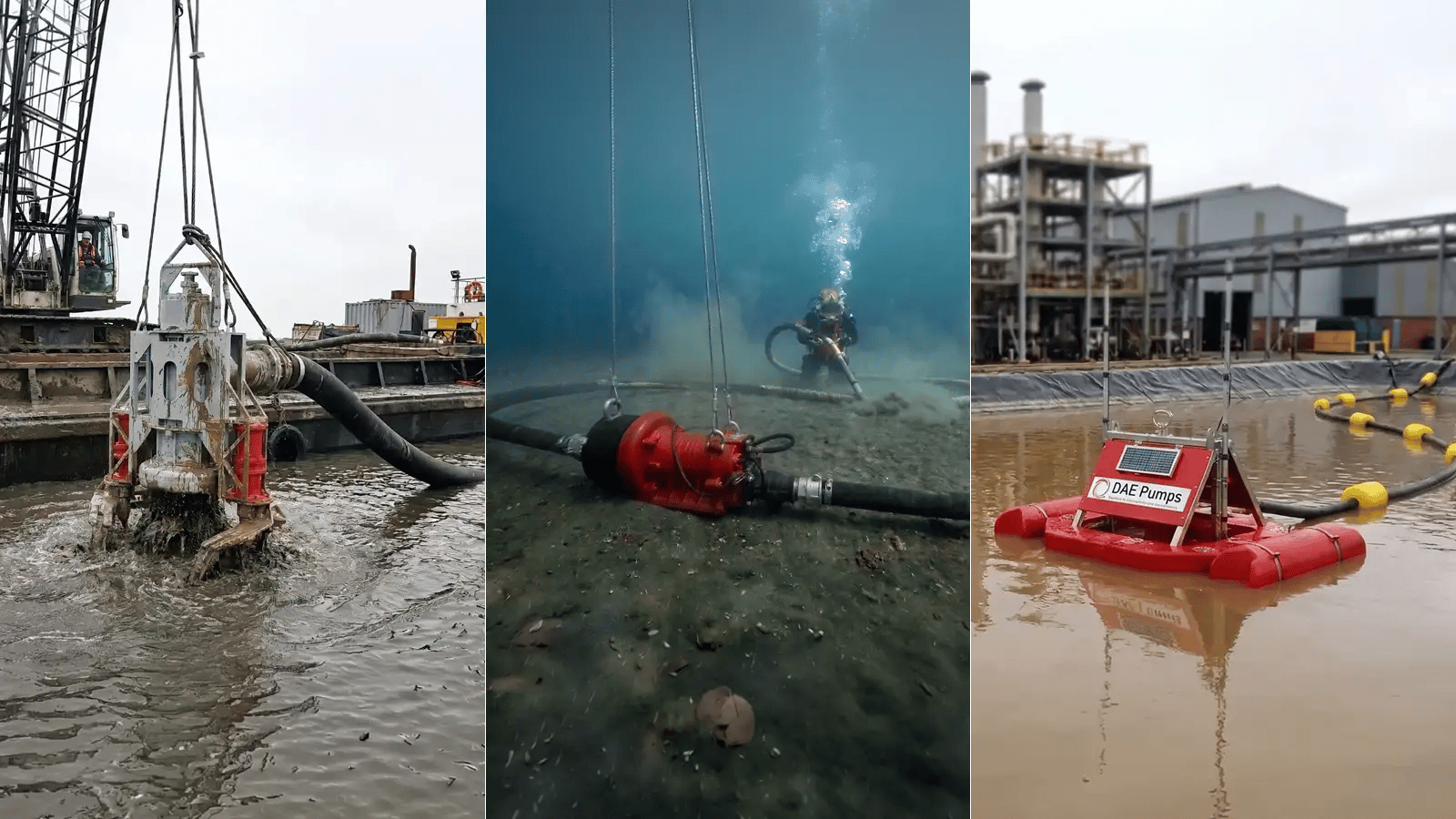 Submersible dredge pumps deployed three ways: crane-lowered from a barge, diver-operated on the seabed, and on a floating pontoon in a lined pond