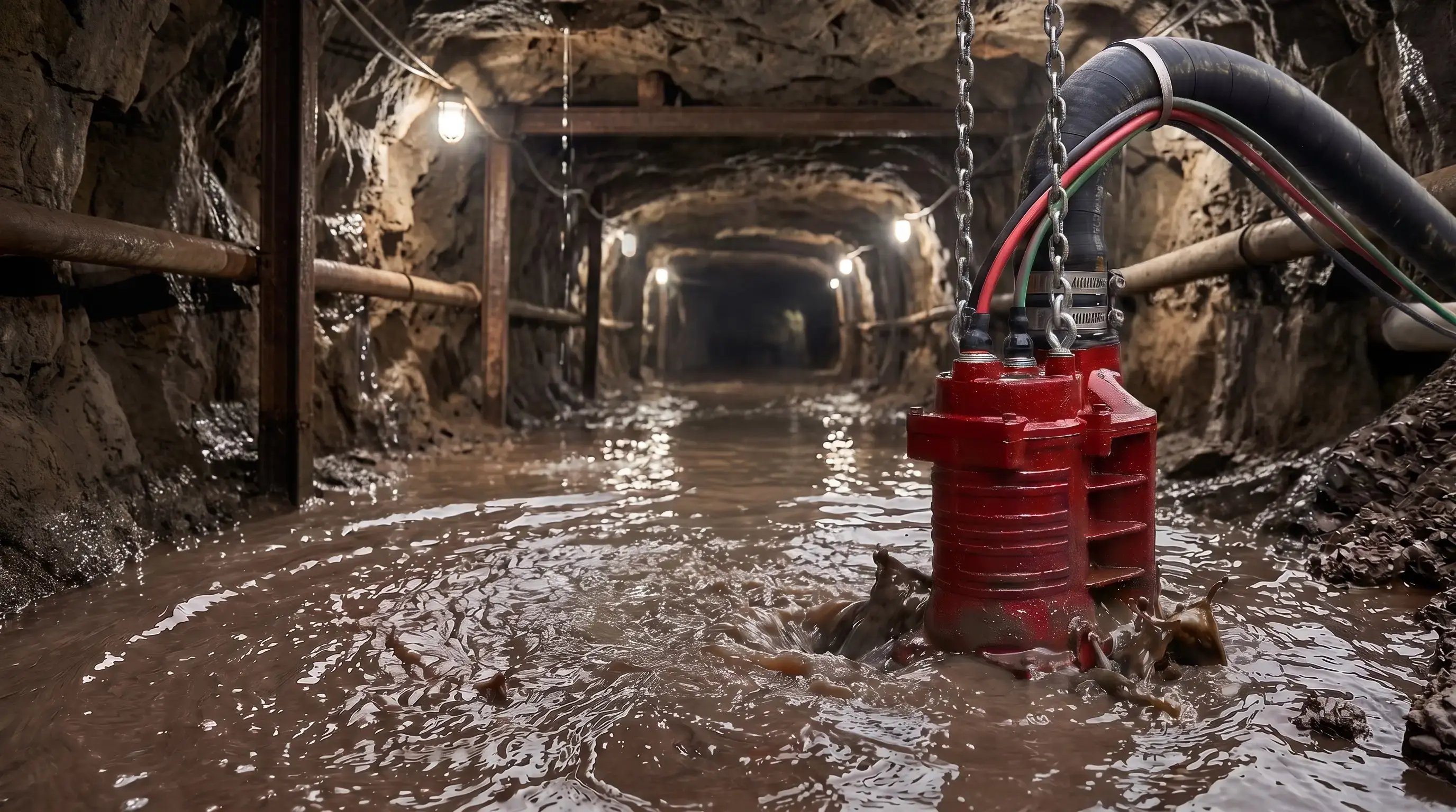 A heavy-duty red submersible pump suspended by chains, actively pumping muddy water from the floor of a dark, flooded underground tunnel.