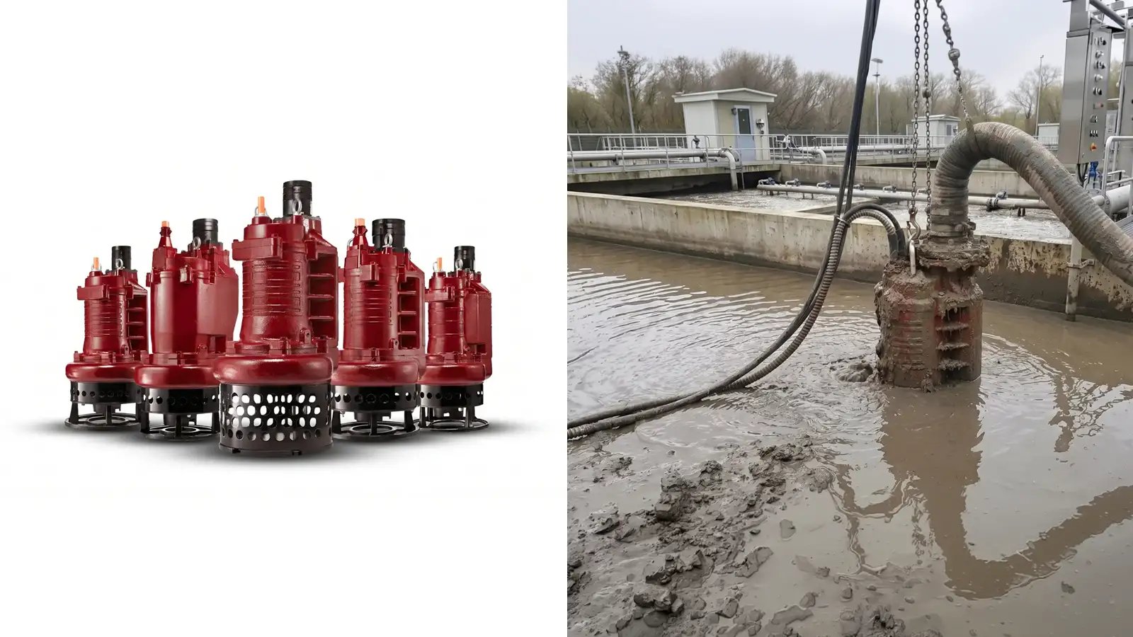 Range of red DAE Pumps submersible slurry pumps with strainer stands, and a submersible slurry pump removing sludge at a wastewater treatment basin