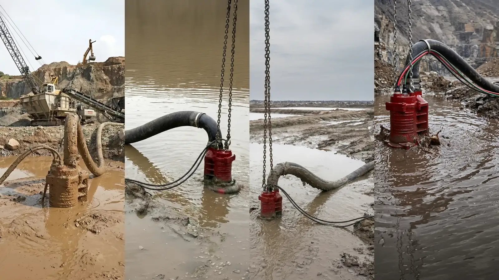 Submersible slurry pumps working in an open-pit mine, pond dredging, a construction dewatering site and a quarry sump