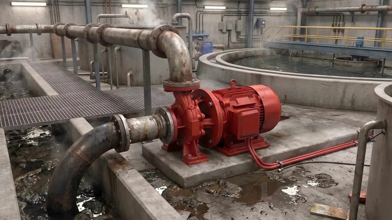 Centrifugal pump at a wastewater treatment facility, connected to a steel pipe that draws from a dark sludge-filled basin below