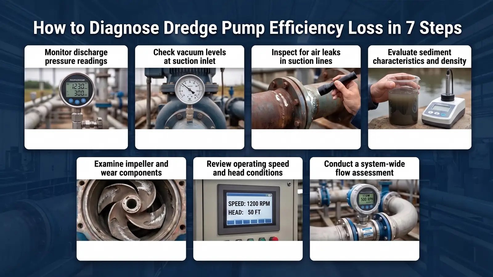 Infographic of 7 steps to diagnose dredge pump efficiency loss, from monitoring discharge pressure to a system-wide flow assessment