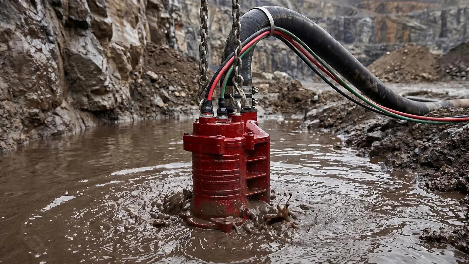 Red submersible slurry pump hanging from lifting chains in muddy water at a quarry, with its discharge hose and power cables