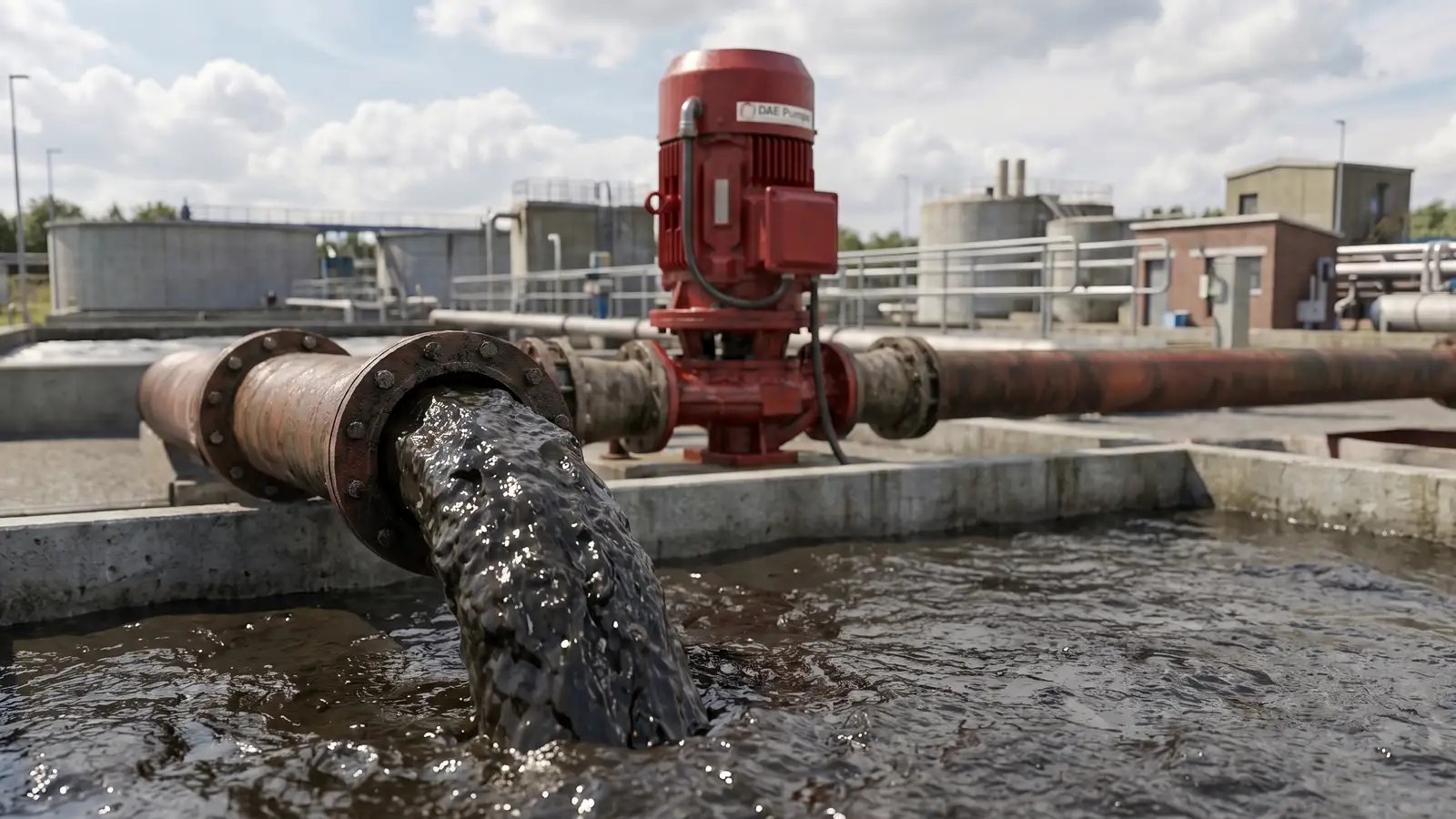 Image showing flooded suction slurry pump equipment installed for wastewater sludge handling at a municipal treatment plant.