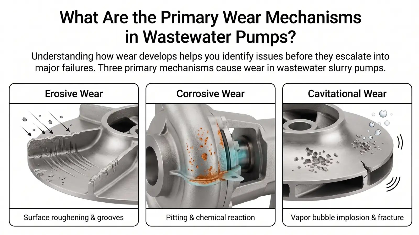 Diagram illustrating erosive wear, corrosive wear, and cavitation damage in wastewater slurry pumps. Understand common causes of pump failure to lower repair cost and improve service life.