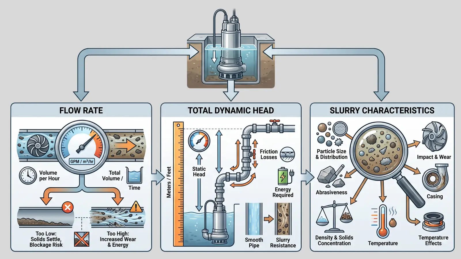 Diagram of the three submersible slurry pump sizing inputs: flow rate, total dynamic head, and slurry characteristics