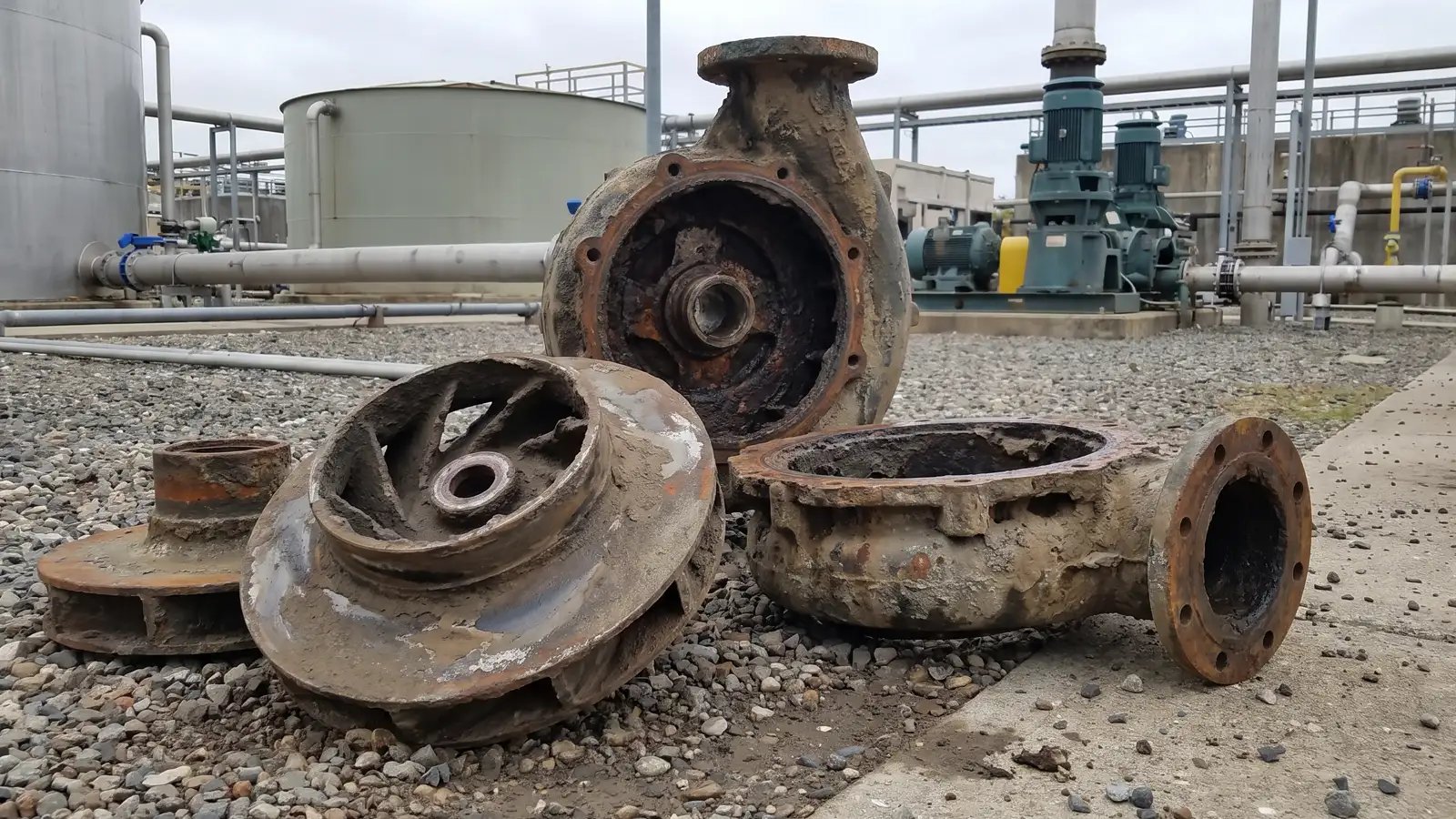 Worn slurry pump casing and impeller damaged by abrasive wastewater solids, showing common causes of equipment wear and maintenance needs for reliable wastewater pumping systems in the USA.