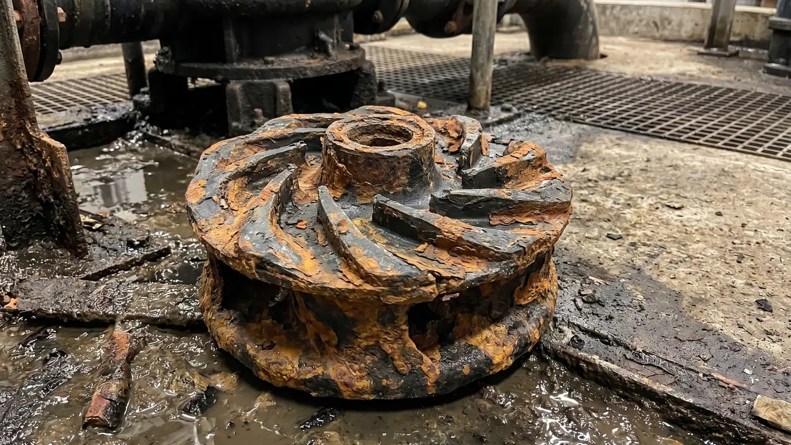 Corroded and eroded dredge pump impeller showing cavitation and abrasive wear damage on the vanes