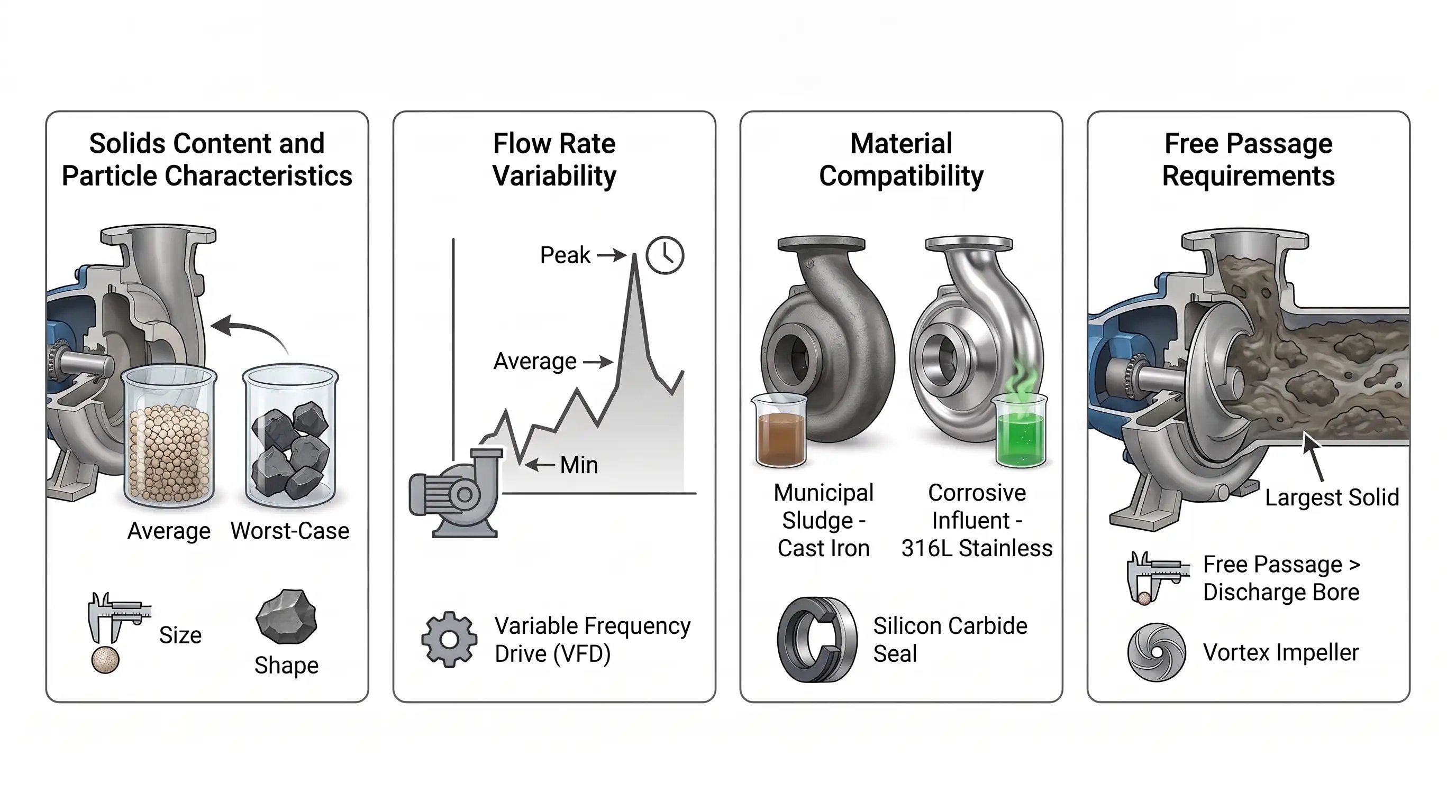 Infographic explaining wastewater slurry pump selection based on solids size, flow rate variability, material compatibility, and free passage requirements for reliable long-term performance.