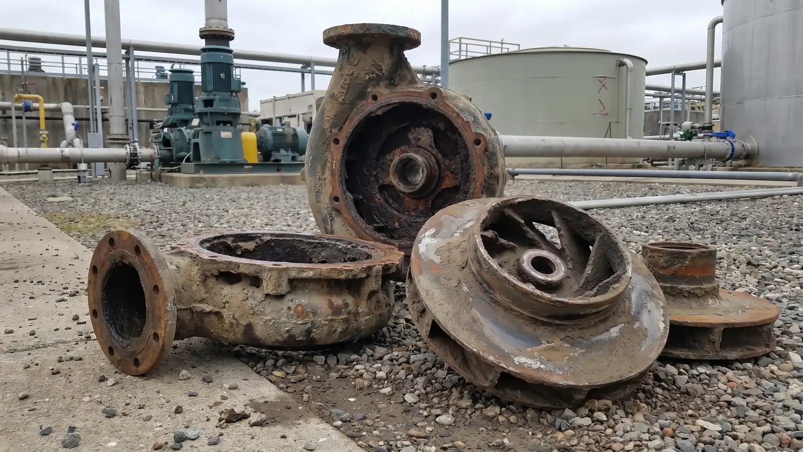 Disassembled slurry pump on gravel with a split casing, pitted volute and eroded impeller, illustrating cavitation and abrasive wear that cut pump efficiency.