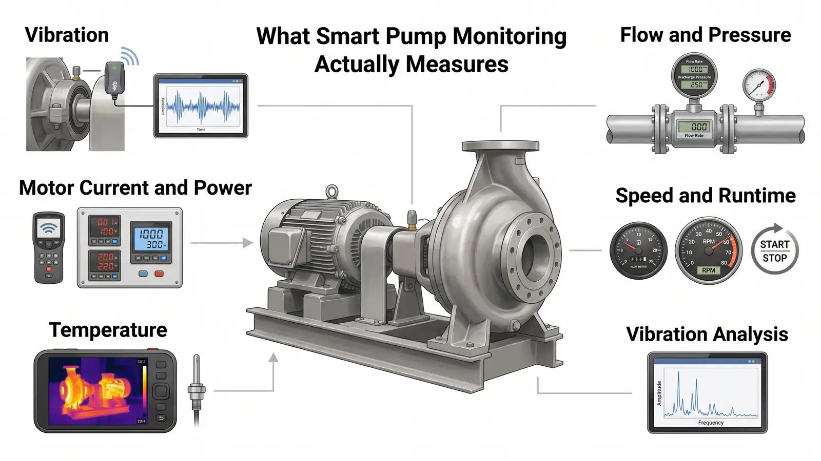 Diagram of a centrifugal pump showing what smart monitoring measures: vibration, motor current and power, temperature, flow and pressure, speed and runtime.