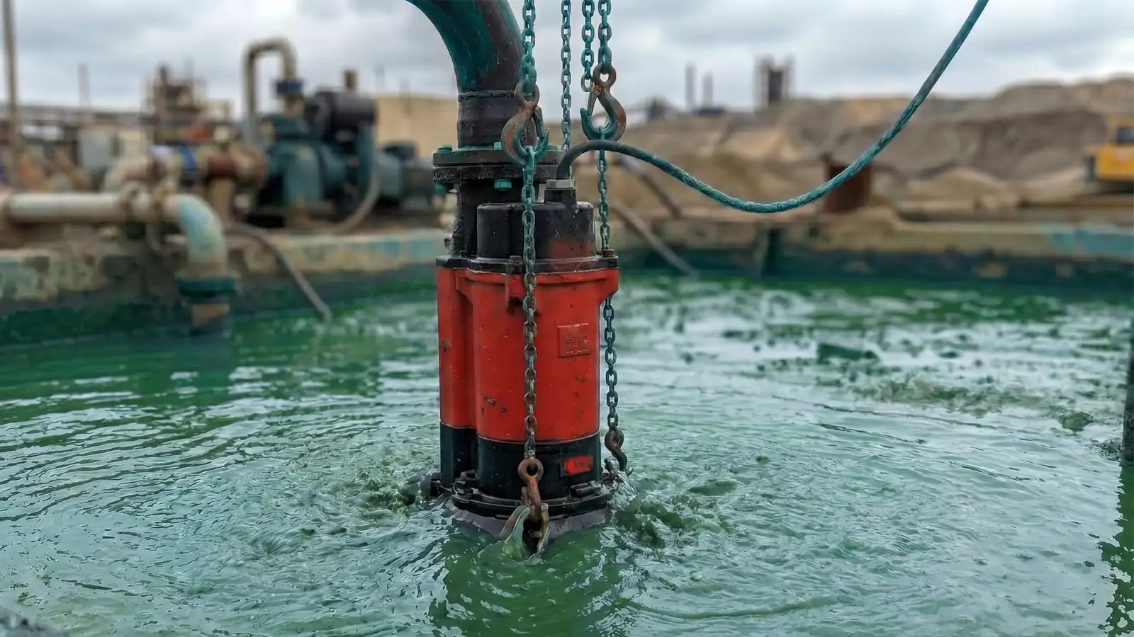 Submersible slurry pump with discharge hose transferring sediment and slurry from a mining pond, demonstrating where different slurry pump configurations perform best for lithium and battery mineral operations.