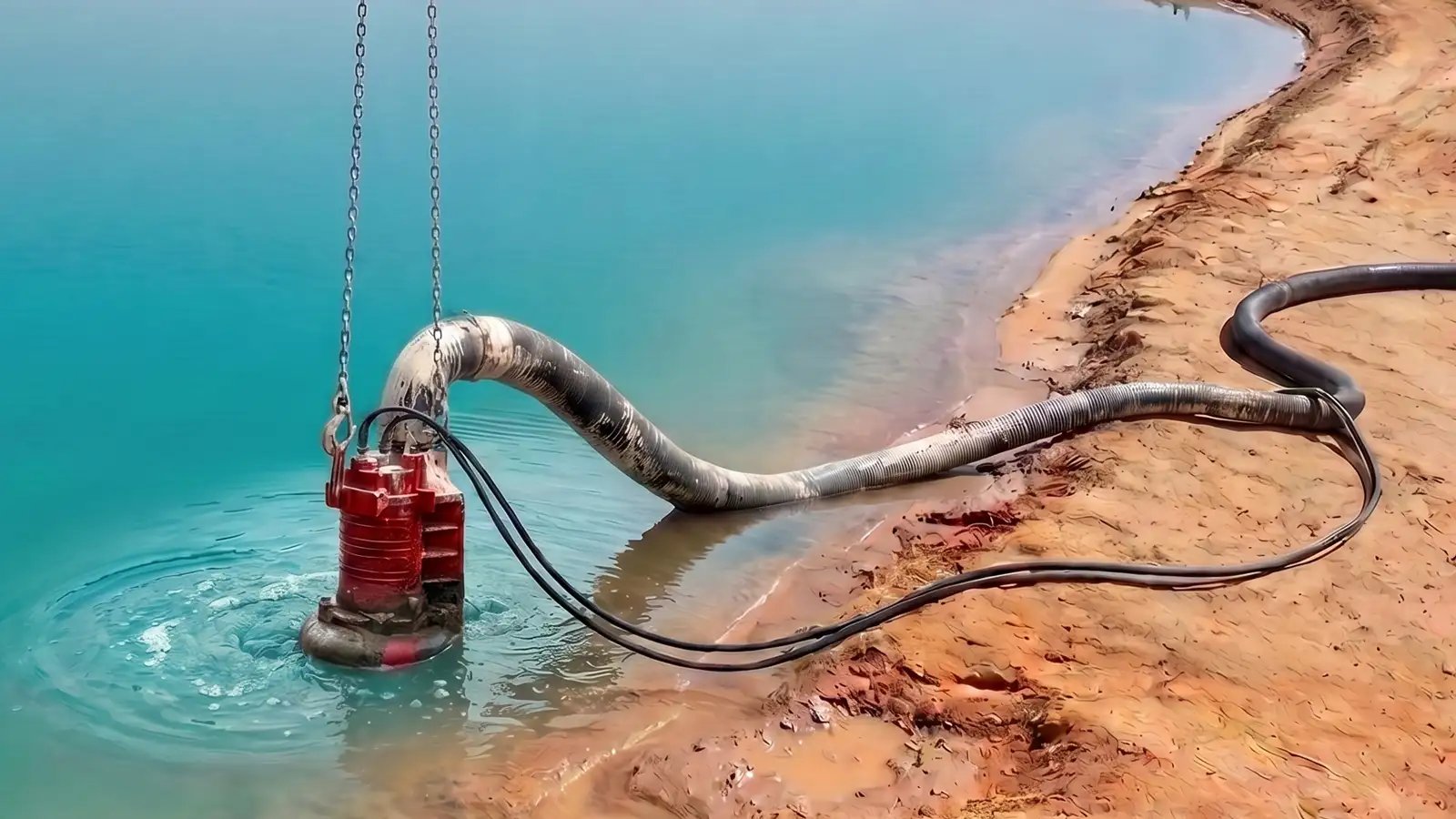 Submersible slurry pump with discharge hose transferring sediment and slurry from a mining pond, demonstrating where different slurry pump configurations perform best for lithium and battery mineral operations.