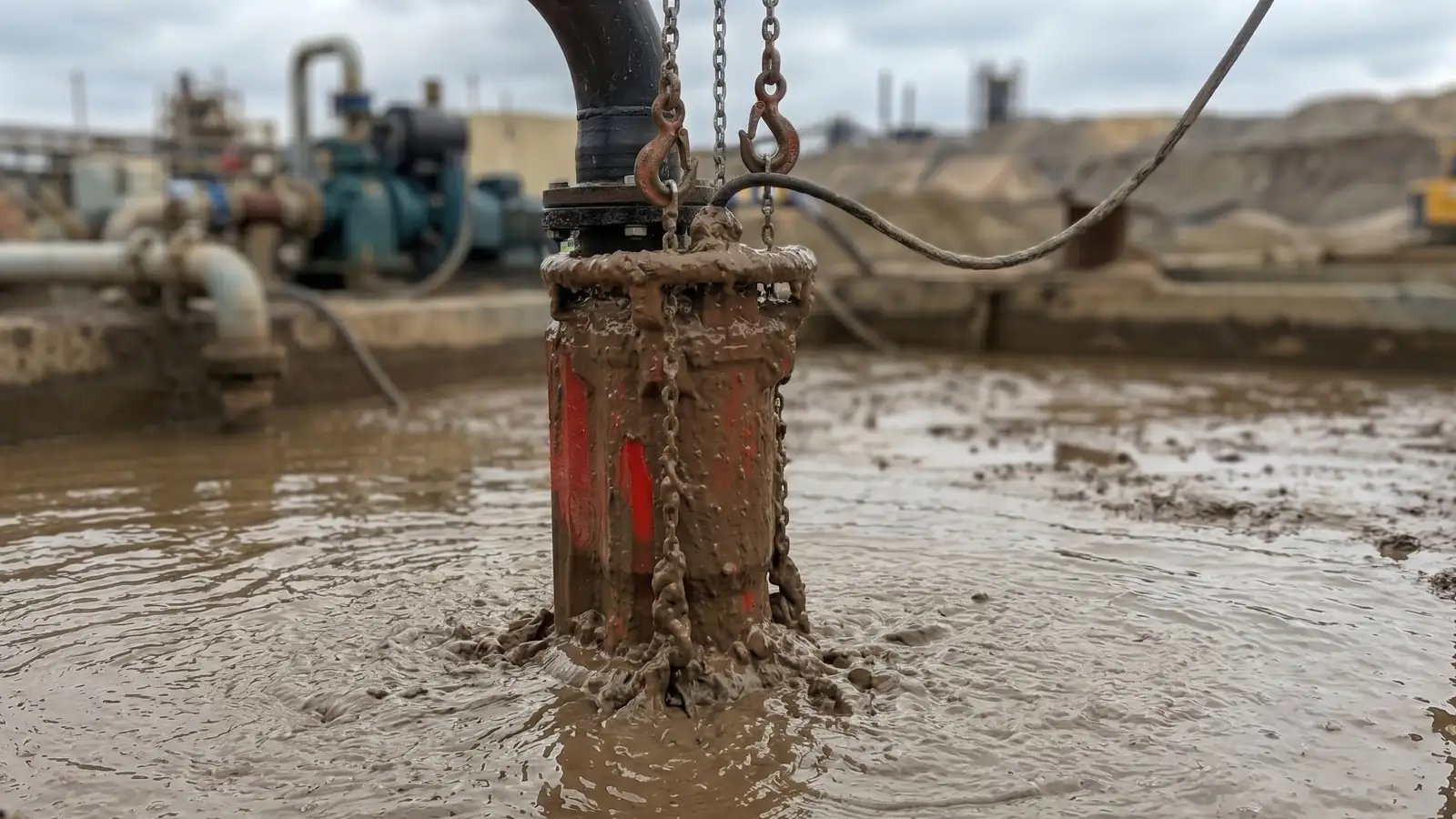 Heavy-duty submersible slurry pump operating in thick mud and wastewater at an industrial dredging site.