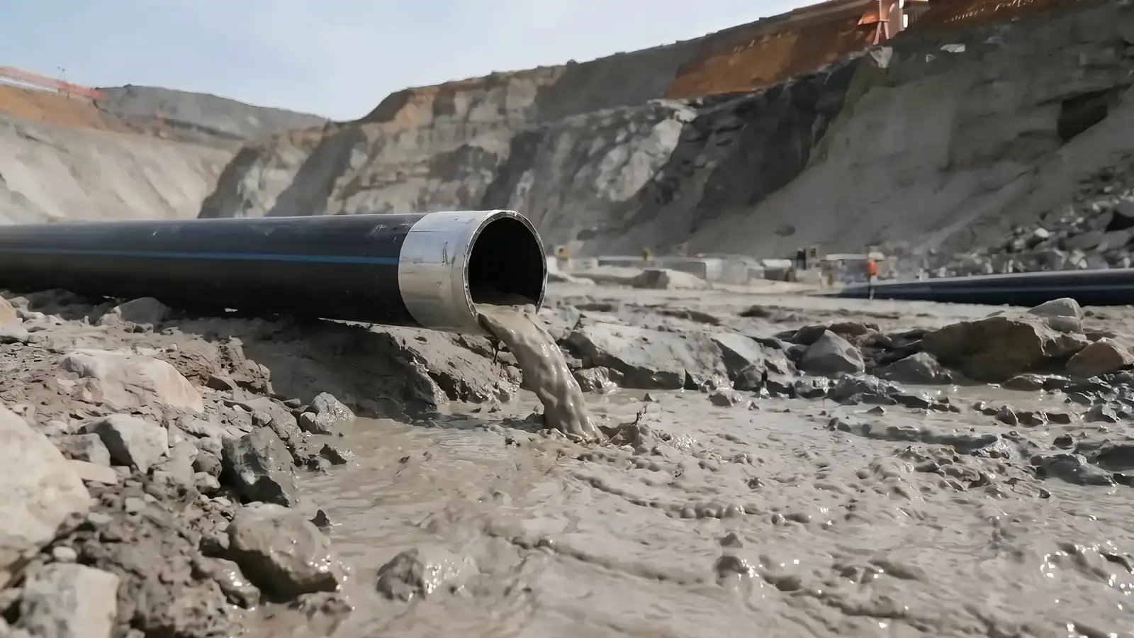 Sediment slurry discharging from an HDPE dredge pipe at a mining site, used to check actual versus expected flow