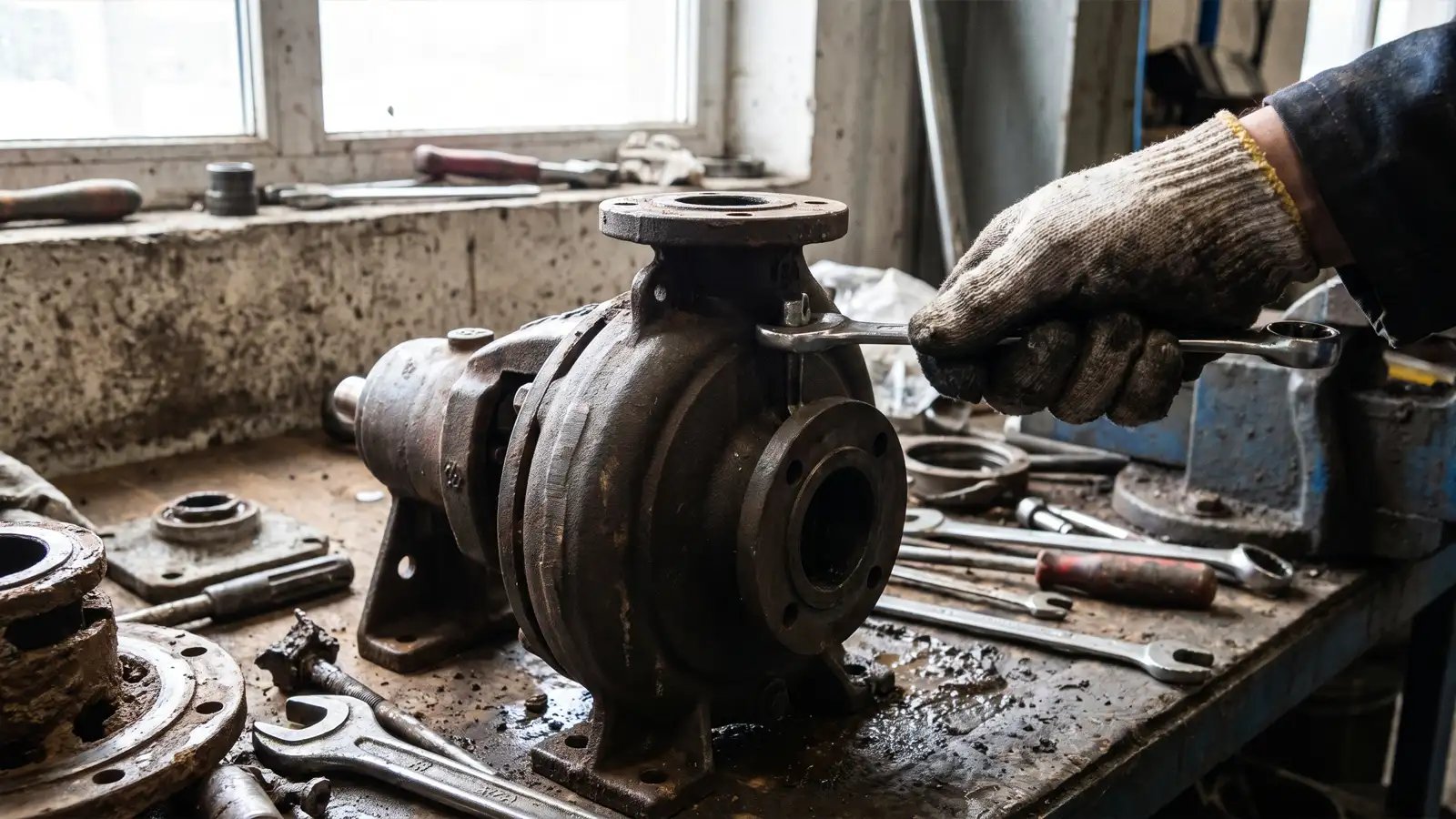 Technician using a wrench to disassemble a worn cast-iron centrifugal pump on a workshop bench surrounded by tools and parts.