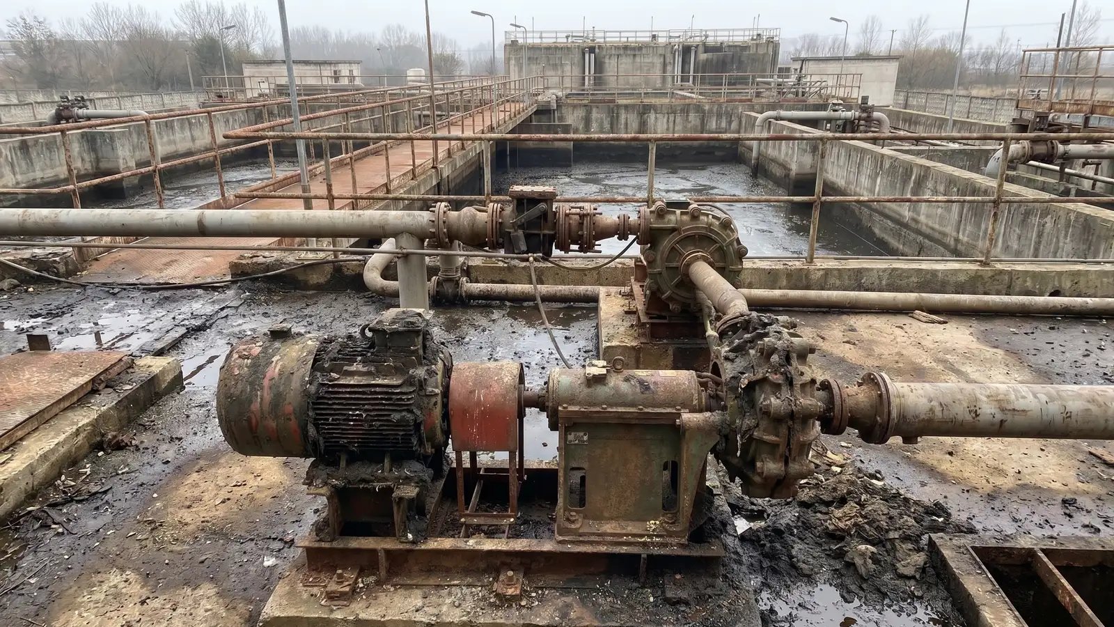 Failed wastewater slurry pump with severe sludge buildup and component wear at a treatment plant, illustrating why standard pumps wear faster in abrasive solids applications and the value of reliable heavy-duty slurry pumps.